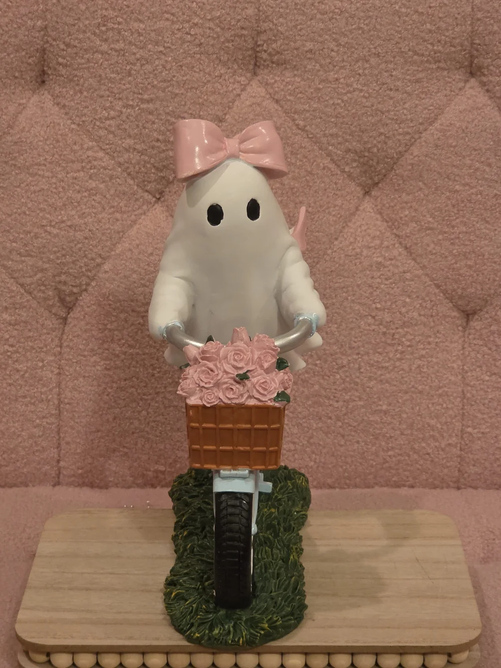 Pink Bow Ghost on Blue Bicycle Figurine with Flower Basket